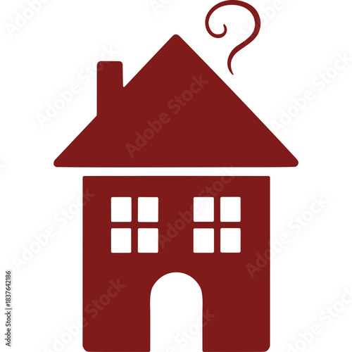 Simple Silhouette Of A Red House With Smoke Coming From Chimney On A Black Background Minimalist Style Illustration