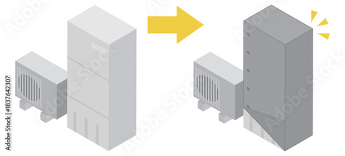 アイソメトリックなカバーをする前と後の給湯器のイメージ素材