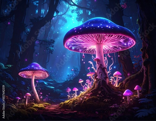 Enchanting forest scene with large, glowing, neon mushrooms