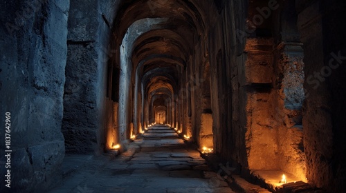 unanimity. A narrow stone corridor with arched niches lit by flickering candles, deep perspective. real-estate listings.
