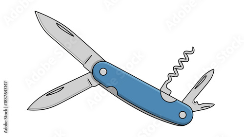 Open Blue Swiss Army Knife With Silver Blades and Corkscrew Tool on Black Background Simple Flat Design Illustration