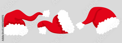Collage with Santa Claus hats, closeup objects. Santa Hat Illustration