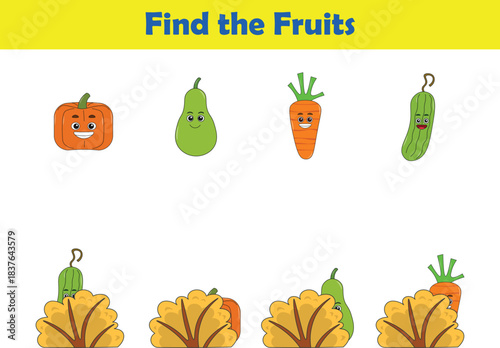 Find Hiding fruits. Child Exercise Sheet with fruits. Printable worksheet. Cartoon vector illustration