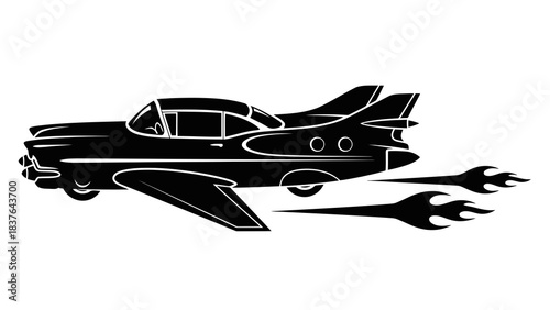 Retro-futuristic flying car with jet flames on white background