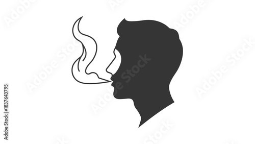 Man's silhouette with smoke coming from his mouth against white background