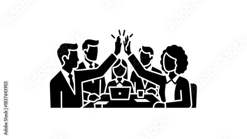 Business team celebrating success with high five in meeting icon