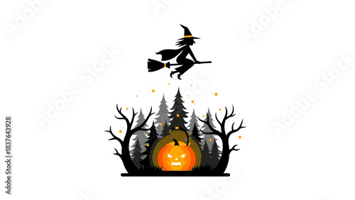 A witch rides her broomstick above a pumpkin in a spooky forest on a white background