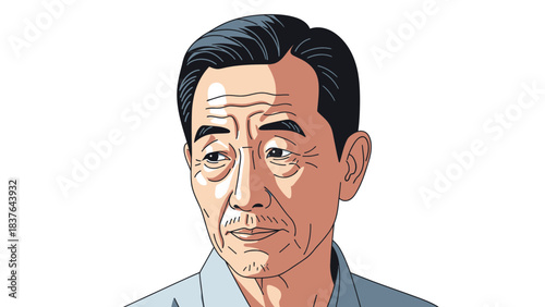 A vector illustration of an older Asian man with dark hair looking slightly to the left