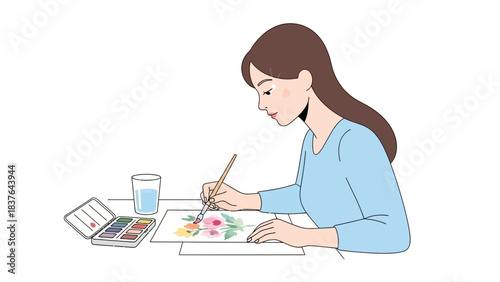 A woman painting flowers with watercolors, using a brush, palette, and a glass of water on a white surface