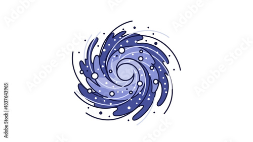 Abstract illustration of blue and white swirling vortex with floating circles on a white background