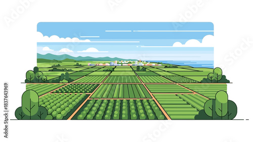 Aerial view of green farmland near a coastal town, stylized, with a blue sky