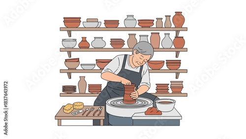 An artisan shapes clay on a pottery wheel, shelves of finished pots behind him