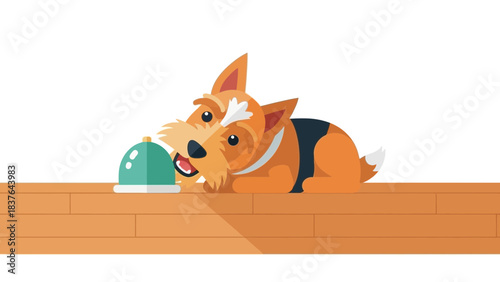 An orange cartoon dog lays on a wood surface, playfully biting a teal bell
