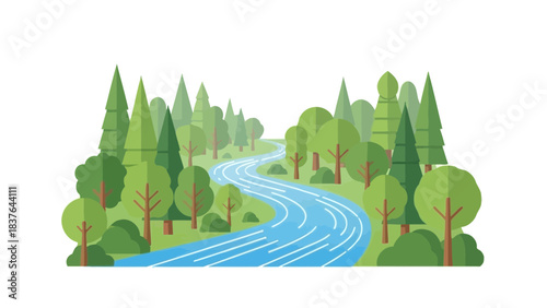 Cartoon landscape winding river between green trees, against a white background, flat illustration