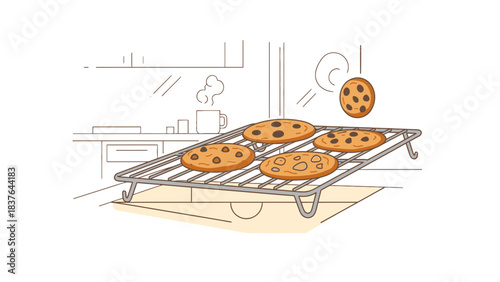 Cookies cooling on a rack with steam from a mug, in a minimalist kitchen illustration