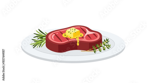 Cooked steak on a plate topped with melting butter and garnished with rosemary and thyme