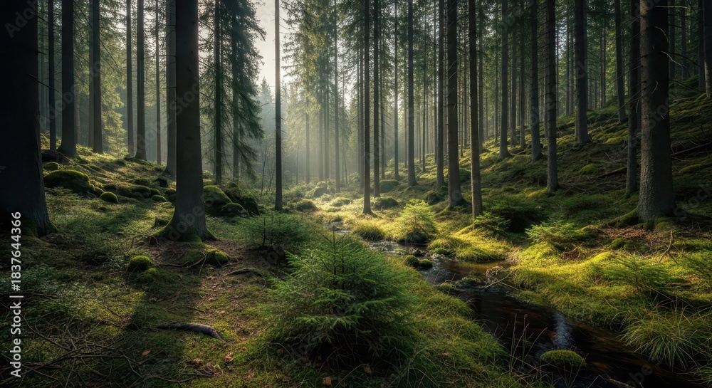 Fototapeta premium Sunlight streams through tall evergreen trees onto a mossy forest floor with a small brook