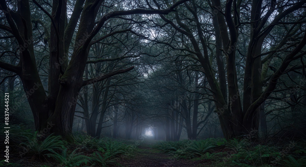 Fototapeta premium Dark woodland path stretches toward a distant, hazy light source between massive tree trunks