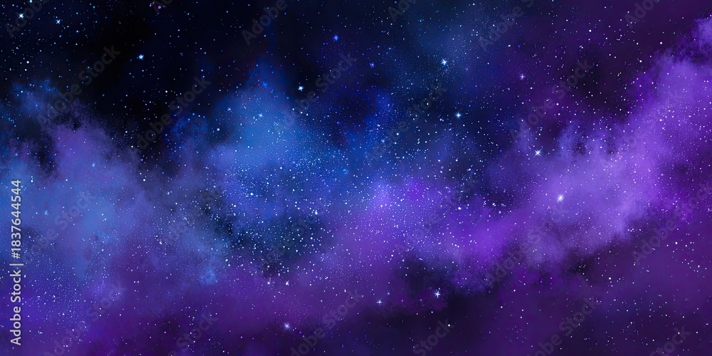 Naklejka premium A cosmic sky filled with twinkling stars and swirling purple, blue nebula clouds
