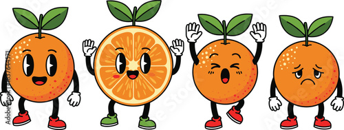 Cute orange fruit cartoon character illustration set with funny expressions and playful mascot poses isolated
