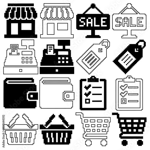 Set of pixel art shopping and e-commerce icons. Retro 8-bit style retail vector illustration containing cart, wallet, cash register, and sale signs.