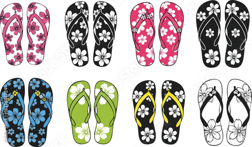 Colorful flip flops with flower patterns set.