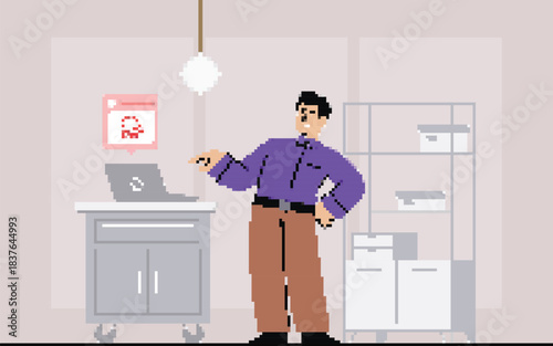 Pixel Art Design - Illustration of Man Working with Laptop and Error Notification