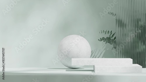 white concrete block podium looping seamless shadow animation with mint wall, glass, eucalyptus, rendering 3d footage empty space