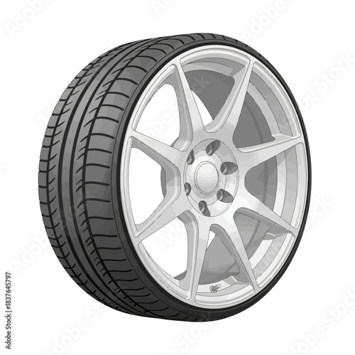 High-performance car tire with a sleek silver alloy wheel, featuring a modern spoke design and aggressive tread pattern, isolated on a white background.
