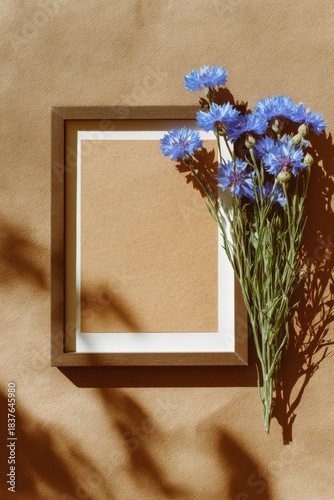 Artistic Still life of Floral Frame: Capturing the tranquil essence of spring, A picture frame with floral arrangement in a vibrant display against a neutral background. The soft shadow add depth.