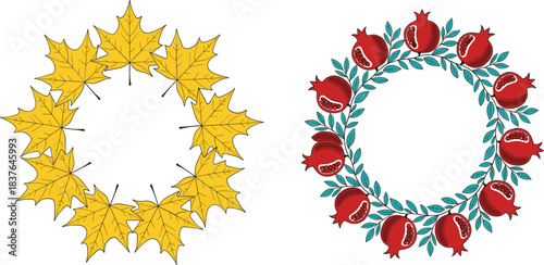 Decorative wreath illustration set with yellow autumn leaves and pomegranate floral circle frame vector design