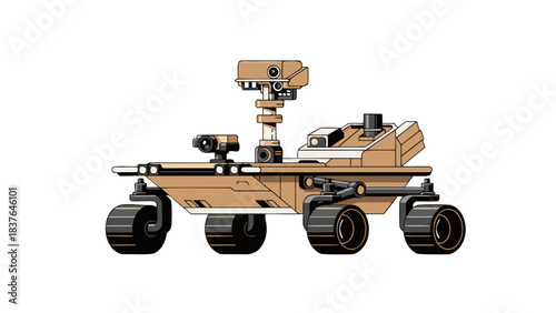 Pixel Art Illustration of a Tan Robotic Mars Rover with Six Wheels and Camera Arms on a Black Background