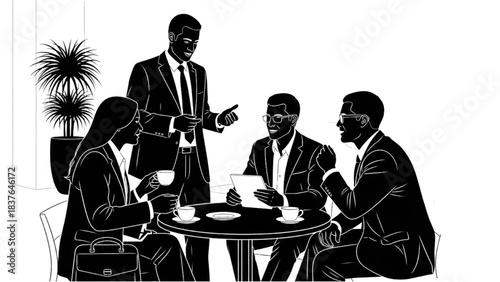High-quality black silhouette line art of a group of businesspeople networking around a small café table in a hotel lobby, professional corporate meeting scene
