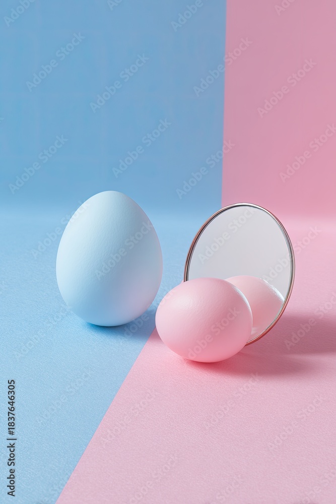 Fototapeta premium Egg and mirror, pastel background divided blue/pink, reflecting eggs' color
