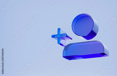 3D add user icon, new profile symbol. Colorful gradient glass like icon, trending glass holographic icon, for graphic design, UI UX interfaces, 3d render illustration.
