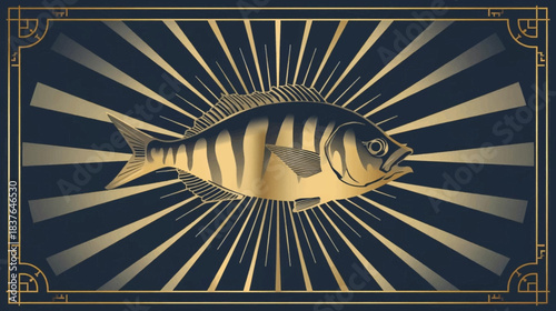 A stylized golden fish with dark stripes against a radiant blue and gold sunburst background, framed by an elegant border.