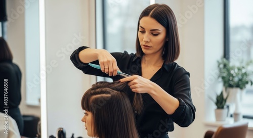 A hairstylist cuts a client's long hair in a bright salon