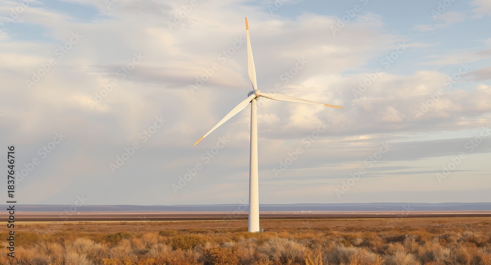 Fototapeta premium A solitary wind turbine stands tall against a backdrop of expansive landscapes and soft clouds, symbolizing renewable energy and sustainability.
