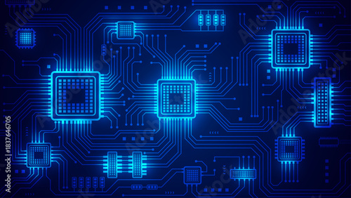 Abstract Blue Technology Background With Glowing Central Microchip And Digital Circuit Lines