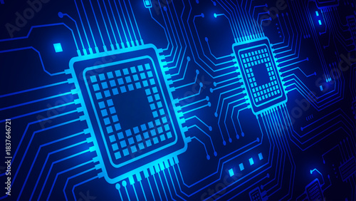 Abstract blue circuit board background with glowing digital lines and central microchip