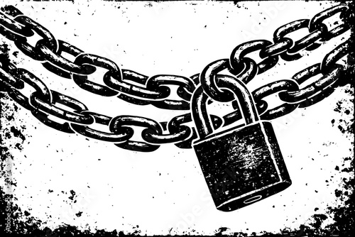 Vintage Chain and Padlock, Retro Xerography Grunge Engraving Metal Lock Illustration on Transparent Background