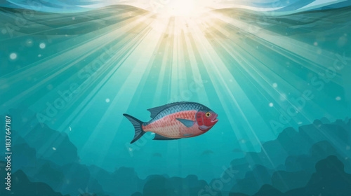 A colorful fish swimming in clear blue ocean water with sun rays shining from above.