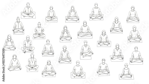 Diverse individuals in cad architectural drawing practicing mindful meditation in various seated yoga poses, promoting peace, wellness, and self-care in a tranquil setting