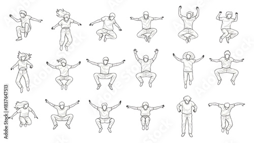 Collection of cad architectural drawing line art illustrations depicting diverse people in mid-air jumps and energetic poses, showcasing freedom and movement