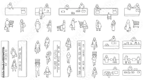 Collection of Line Art Figures Illustrating Retail Environments and Customer Activity for Design Plans