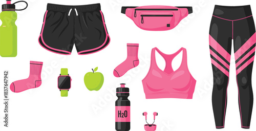 Fitness Workout Gear Vector Set Featuring Sportswear, Sneakers, Water Bottles, Smartwatch, Snacks, and Training Accessories