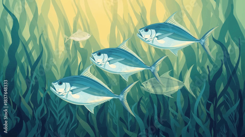 Illustrative depiction of a school of fish swimming through a vibrant underwater kelp forest with light filtering from above.