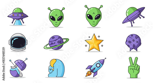 Cosmic Adventure Icons Collection Whimsical Set of Space Exploration, Alien Life, and Celestial Elements for Digital Designs
