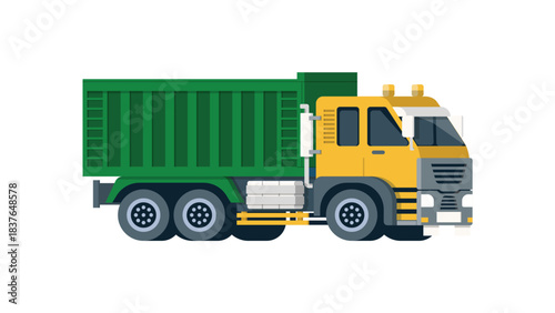 Flat illustration of a large dump truck with a yellow cab and a green cargo bed, designed to transport heavy materials, typically used in construction or industrial settings.
