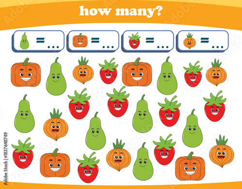 Counting game of fruits for preschool kids. Printable. Vector Illustration